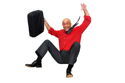 Happy businessman jumping high isolated in white
