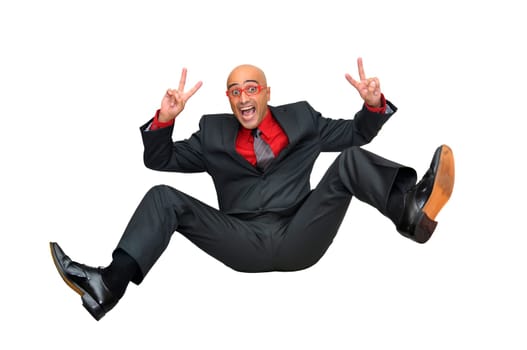 Happy businessman jumping high isolated in white