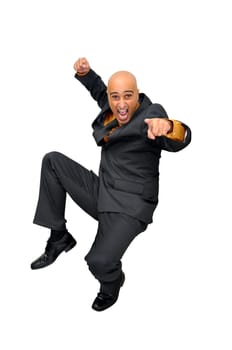 Happy businessman jumping high isolated in white