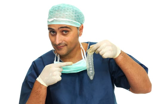 Doctor with condom isolated in white
