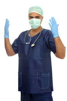 Doctor in uniform ready for surgery isolated in white
