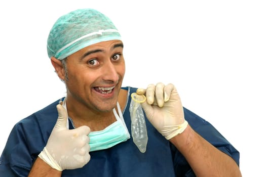 Doctor with condom isolated in white