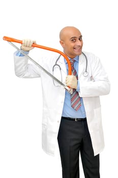 Doctor with saw isolated in white