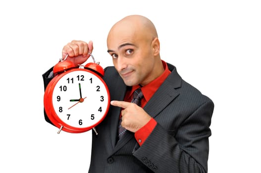 Businessman with big red clock isolated in white