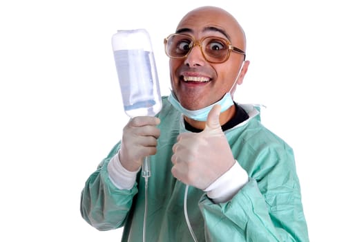 Crazy doctor in uniform with serum
