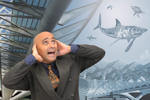 Businessman sreaming with sharks all around