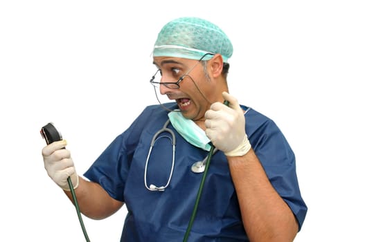 Doctor with tension device isolated in white