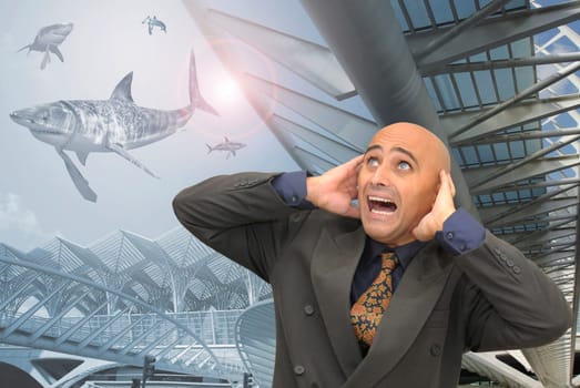 Businessman sreaming with sharks all around