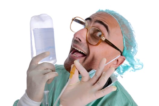 Crazy doctor in uniform with serum