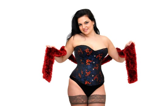 Sexy woman with corset and stocking isolated in white