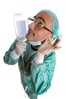 Crazy doctor in uniform with serum