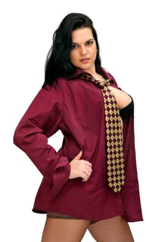 Sexy businesswoman with tie and stockings isolated in white