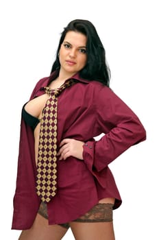 Sexy businesswoman with tie and stockings isolated in white
