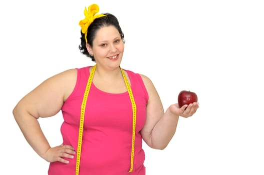 Large girl with apple and measuring tape