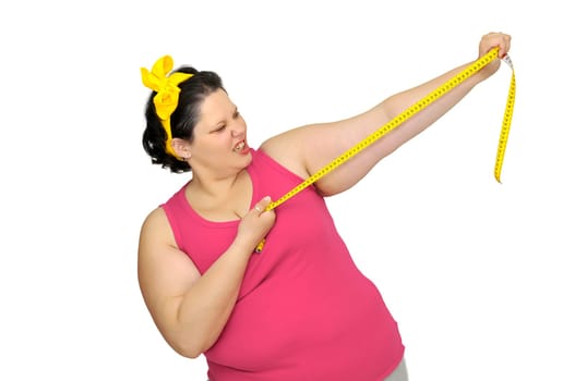 Large girl with measuring tape and angry face
