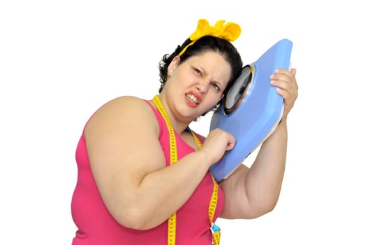 Large girl with scale, isolated in white