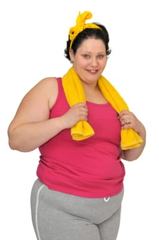 Large young woman isolated in white