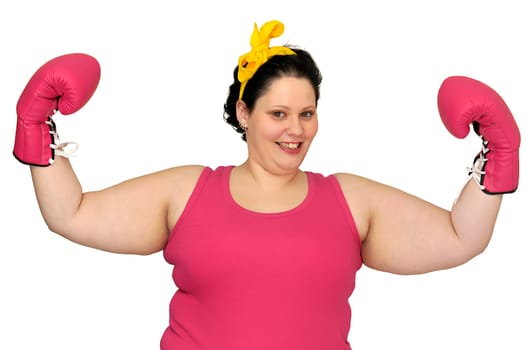 Large girl with boxing gloves isolated in white