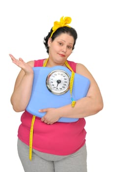 Resignated large girl with scale isolated in white