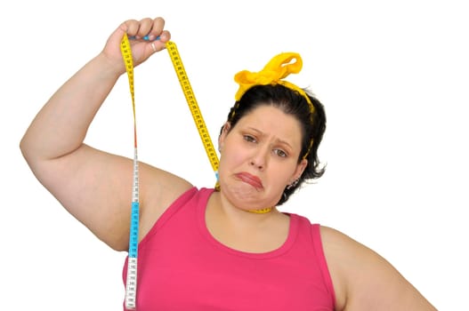 Desperate fat girl hanging herself with measuring tape