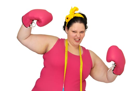 Large girl with boxing gloves isolated in white