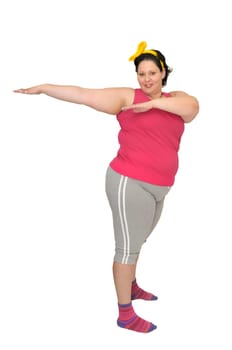 Large girl doing fitness exercises isolated in white