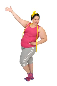 Beautiful large girl with measuring tape isolated in white