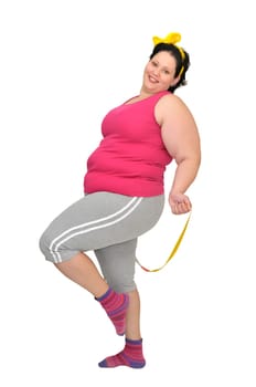 Large girl doing fitness exercises isolated in white