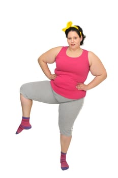 Large girl doing fitness exercises isolated in white