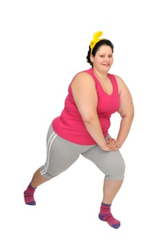 Large girl doing fitness exercises isolated in white