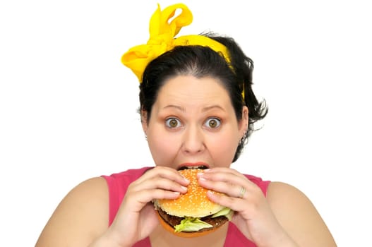 Large girl with hamburger isolated in white
