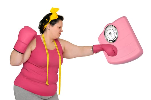 Large girlwith boxing gloves beating a scale isolated in white