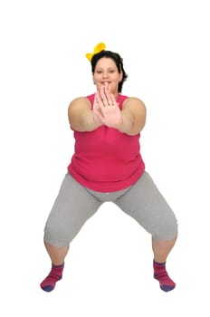Large girl doing fitness exercises isolated in white