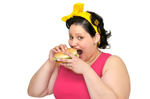 Large girl with hamburger isolated in white