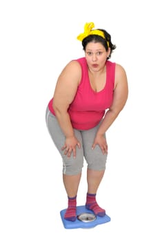 Large girl holding a scale isolated in white