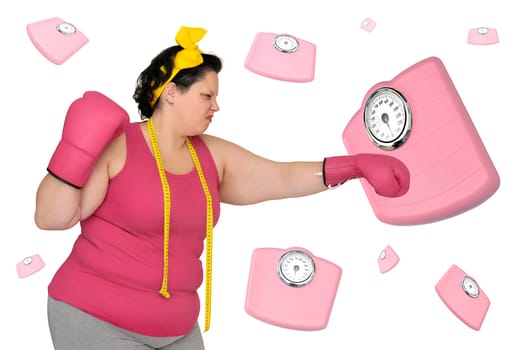Large girlwith boxing gloves beating a scale isolated in white