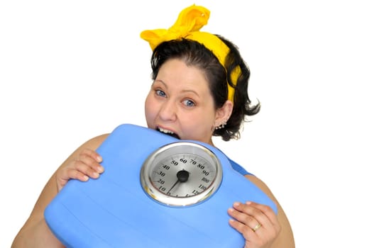 Large girl eating a scale isolated in white