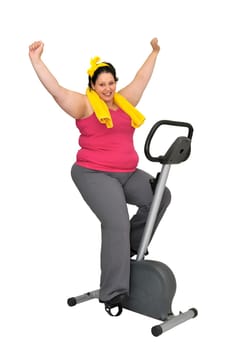 Large girl with fitness bicycle isolated in white