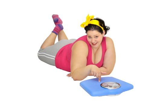 Large girl with scale isolated in white