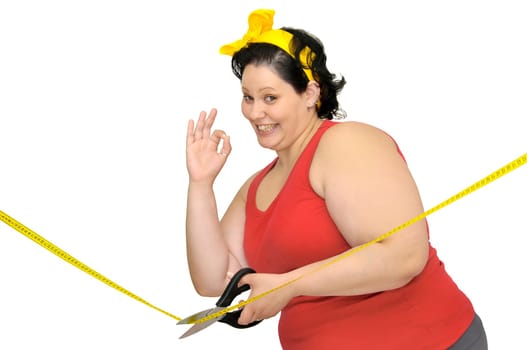 Large girl isolated in white with scissors and yellow tape