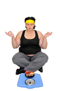 Large girl sitting near a scale with a cake trying to fight the temptation with yoga exercises
