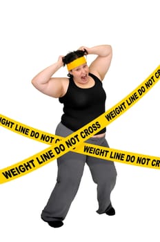 Large girl isolated in white with yellow tape