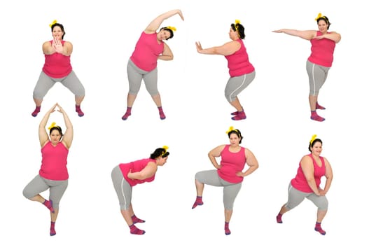 Beautiful large young woman doing fitness exercises isolated in white