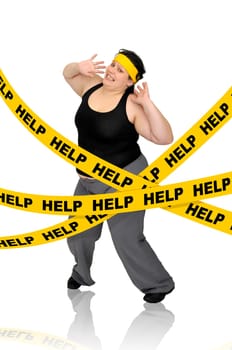 Large girl isolated in white with yellow tape