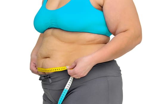 Large girl body part with measuring tape isolated in white