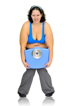Large girl with weight scale isolated in white