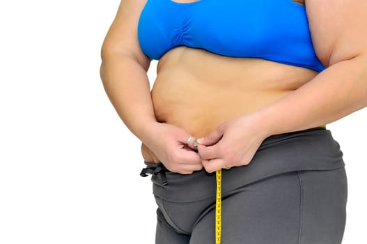 Large girl body part with measuring tape isolated in white