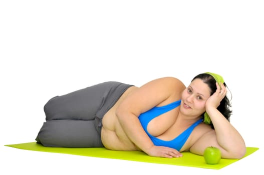 Large girl with an apple isolated in white