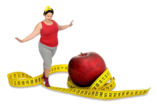 Large girl with apple and measuring tape