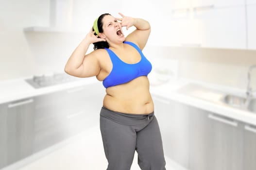 Desperate large girl screaming in the kitchen